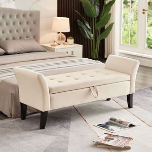 Panca letto da 51,5 pollici con contenitore in velluto beige, mobile per camera da letto - Product Image 1