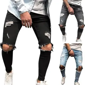 Stylish Downtown Vibes 2024 Customized Logo Super Stretchy Men's Distressed Ripped Denim Jeans Low Cost Crafted In Bangladesh