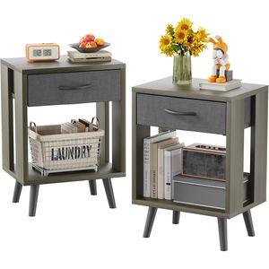 Set of 2 <b>Black</b> Fabric Storage Drawer Nightstands with Open Wood Shelf Bedroom Side <b>Tables</b> with Practical Storage <b>Bedside</b> <b>Tables</b> - Product Image 4