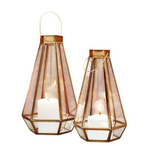 Wholesale Nordic Gold Metal Glass <b>Candle</b> <b>Lantern</b> Set Modern Faceted Geometric Hanging <b>Lanterns</b> For Wedding Table Centerpiece - Product Image 1