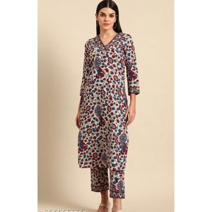 CRÉATEUR COTON IMPRIMÉ TRAVAIL KURTI AVEC PANTALON GRIS - Product Image 1