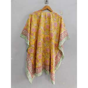 Robe Kaftan Bohème en Coton Fait Main Imprimé Floral Coupe Ample Mini Col V Manches Chauve-Souris Cordon de Serrage Évasée pour la Plage - Product Image 4