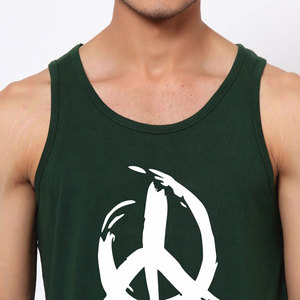 Men's Green Tank <b>Top</b> With <b>White</b> Peace Symbol Print O-Neck Casual Style Breathable Cotton Workout Wear - Product Image 6