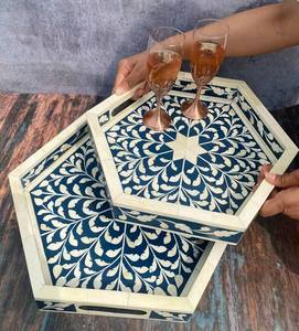 Plateau de service et de rangement classique en os incrusté avec motif géométrique pour événements festifs et mariages, plats de service circulaires pour table - Product Image 2