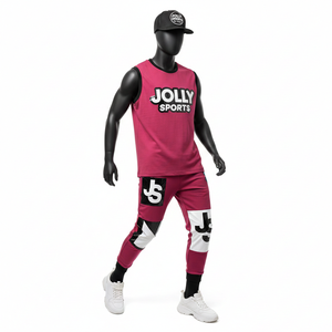 Conjunto deportivo sin mangas para hombre de 2 piezas, tela de poliéster estilo panel GSM con logotipo personalizado, camisetas sin mangas y pantalones para hombre - Product Image 1