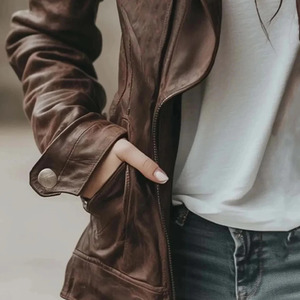Unisex <b>Brown</b> PU <b>Leather</b> Biker <b>Jacket</b> Slim Fit Turn-down Collar Full Zipper Moto Style with Pockets Front Logo Autumn Casual Wear - Product Image 6