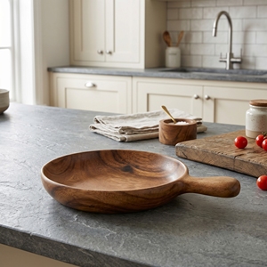 Food Grade Suar Wood Medium Round Plate With Handle Serving <b>Board</b> <b>Light</b> Brown Twenty One Centimeter Diameter Thirty One Cms Long - Product Image 2