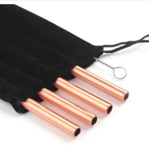 Kit de pailles réutilisables en cuivre avec brosse de nettoyage et pochette en velours – Vaisselle durable pour jus, smoothies et cocktails - Product Image 1