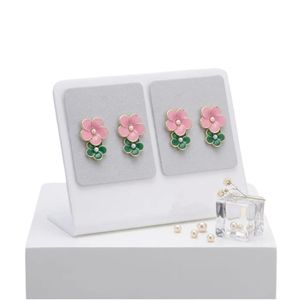 Boucles d'oreilles en or 14 carats, fleurs doubles roses et vertes, bijoux de mode pour femmes, élégantes boucles d'oreilles à fleurs, accessoire cadeau, à porter pour les fêtes - Product Image 3
