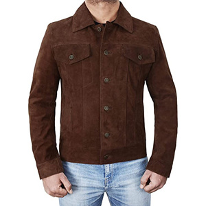 Men's High Quality Premium Leather <b>Trucker</b> <b>Jacket</b> Suede Canvas Front Logo Winter Green/Olive Suede Fully Lined - Product Image 5