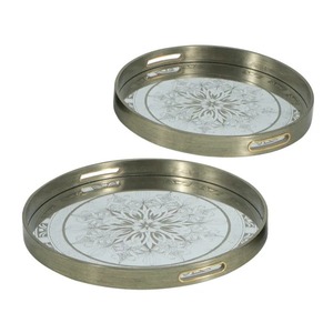 Round <b>Mirrored</b> Storage <b>Tray</b> With Metal Frame Engraved Floral Design Classic Style For Table Use 2 Pack - Product Image 3