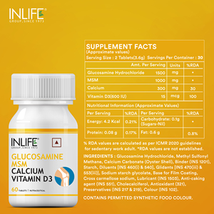 INLIFE Glucosamina MSM con Calcio y Vitamina D3 (Lana de Oveja) Certificada por GMP, Suplemento para el Cuidado de las Articulaciones en Adultos - 60 Tabletas Sin Gluten - Product Image 5