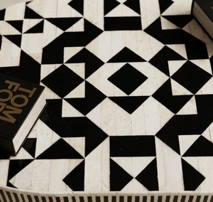 Black and <b>White</b> Oval <b>Coffee</b> <b>Table</b> Striped Inlay Wooden Modern Luxury Villa Living Room Furniture - Product Image 3