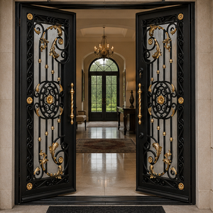 Porte d'entrée double en fer forgé noir et or de luxe avec verre dépoli pour villa – Sécurité et design haut de gamme - Product Image 3