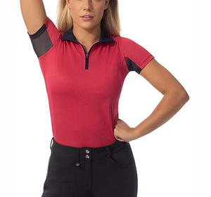 Women's Slim Fit Moisture Wicking Breathable Spandex Equestrian Riding T-Shirt Short Sleeve Zipper Closure Solid Navy Gray Panel - Product Image 5