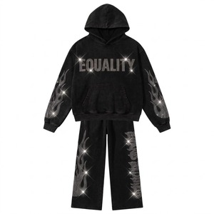 Ensemble de survêtement en tissu 100% coton délavé à l'acide, qualité supérieure, avec impression sérigraphiée de strass, coupe oversize à capuche, vente en gros OEM - Product Image 6