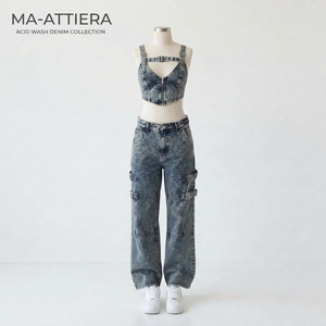 Women Denim Crop Top And Cargo Jeans Set Strappy Bustier Top Buckle Detail Wide Leg Utility <b>Pants</b> Two Piece Outfit - Product Image 3