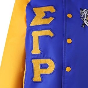 Sigma Gamma Rho <b>Blue</b> Varsity Fleece Jacket Greek Sorority Apparel Women Premium Zip Up Letterman Style - Product Image 4