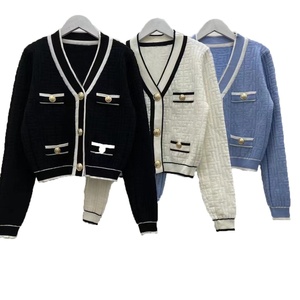 V Neck Knitted Crop <b>Cardigan</b> Women's Preppy Style Full Sleeve Button Closure Solid Color Casual Outerwear Autumn Wear - Product Image 1