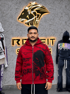 Custom Streetwear Hip Hop Full Letter Digital Printing Design Zipper <b>Hoodie</b> Zipper <b>Hoodies</b> Unisex <b>Red</b> Printed Zip-Up <b>Hoodie</b> - Product Image 1
