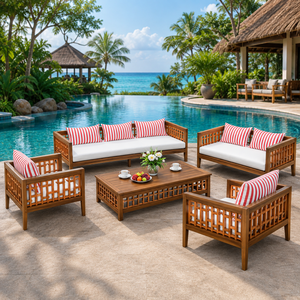 Modern Teak Garden <b>Sofa</b> Set Outdoor Patio Leisure Cushioned <b>Bench</b> Chairs Coffee Table Poolside Seating - Product Image 1