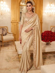 Elegante Saree de Seda Beige con Borde Bordado, Traje Formal de Boda para Mujer, Estilo India-Pakistán - Product Image 2