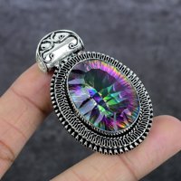 Pendentif Solitaire Unisexe en Topaze Mystique Naturelle Forme Ovale, Sertissage en Argent Vieilli, Style Bohème Vintage, Idéal Cadeau