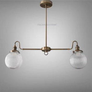 Brass LED Chandelier Ribbed Metal <b>Globe</b> Shades 2 Linear Pendant Adjustable Height Italian Mid Century Ceiling Kitchen Dining - Product Image 3