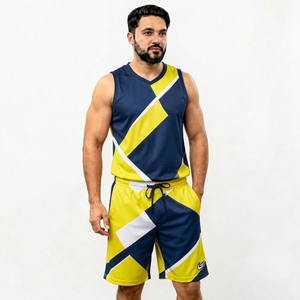 Men's Geometric Print Tank Top And <b>Shorts</b> Set V-Neck Quick Dry Knitted <b>Polyester</b> Sporty Summer Outfit - Product Image 1