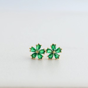 <b>Emerald</b> Green Flower <b>Stud</b> Earrings Dainty Pear CZ 14K Solid Gold May Birthstone Minimalist Jewelry for Women Wedding Anniversary - Product Image 5