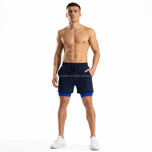 Custom Embroidered Logo <b>Layered</b> Workout Shorts Soft Microfiber Blend Spandex Inner Liner Back Zipper Pocket OEM Sports New - Product Image 1