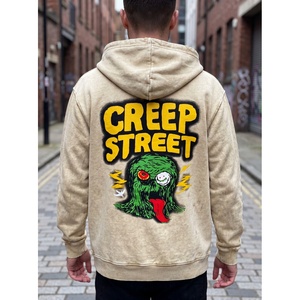 Sudadera con capucha de algodón grueso beige con lavado ácido para hombre, estilo streetwear, con cremallera completa, gráfico, de forro polar, venta al por mayor, vintage, desgastada - Product Image 5