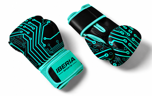 Gants de boxe IBERIA Premium noirs avec accent cyan en cuir PU, gants d'entraînement, logo personnalisé, équipement sportif en gros OEM - Product Image 4