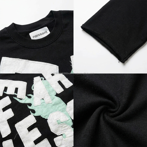 FEARLESS ANGEL เสื้อยืดโอเวอร์ไซส์สีดำสำหรับผู้ชายพร้อมพิมพ์ตัวอักษรแบบแอพพลิเคชั่นสตรีทแวร์แขนสั้นคอกลมผ้าฝ้ายเจอร์ซีย์ - Product Image 5