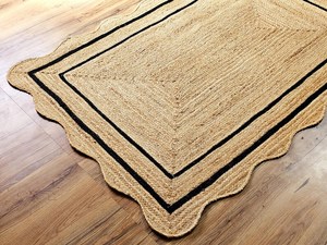 Alfombra de Yute Natural Hecha a Mano con Borde Negro Festoneado, Alfombra Rectangular de Yute Trenzado Tejida a Mano - Product Image 5