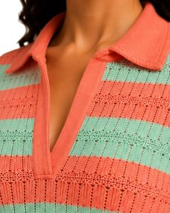 Mono de punto a rayas coral y menta para mujer, manga corta, cuello polo, informal de verano, de una pieza, ajustado, a la moda - Product Image 5