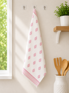Essuie-tout de cuisine en lin imprimé |   Essuie-mains en lin à motif cachemire rose avec bordure décorative et garniture en pompons - Product Image 3