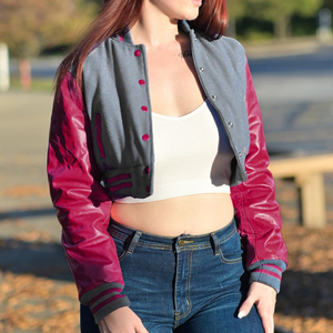 Veste courte universitaire pour femme, bleu marine et bordeaux, style Letterman, manteau bomber avec manches en similicuir, vêtement d'extérieur décontracté, mode féminine - Product Image 1