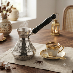 Cafetera turca de plata grabada, niquelada, Cezve, Ibrik árabe, Briki griega, calentador de leche para estufa con mango largo de madera negra - Product Image 2