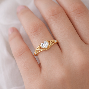 Anillo de Compromiso de Oro Sólido Puro de 14K con Forma de Corazón Real y Filigrana Delicada, Anillo de Diamantes Cultivados en Laboratorio con Banda de Corazón de Amor Eterno - Product Image 5