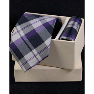 Conjunto de Regalo de Corbata y Pañuelo de Bolsillo de Microseda con Diseño a Cuadros Morado y Azul para Hombre | Conjunto de Corbata y Pañuelo a Cuadros para Fiestas y Eventos Formales - Product Image 3