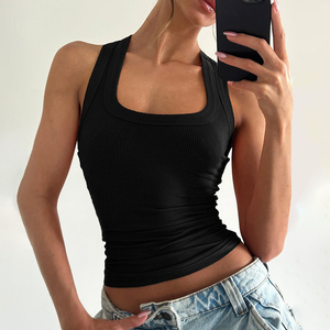 Custom Breathable Quick Dry Knitted Stretch Scoop Neck Sleeveless Rib Tank <b>Top</b> <b>Racer</b> <b>Back</b> Gym Fitness Ribbed Women's Polyester - Product Image 2