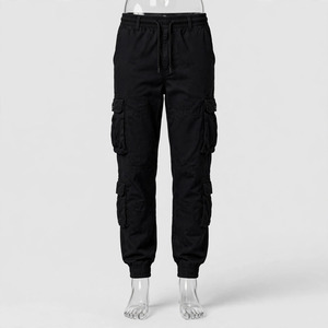 Pantalon cargo noir pour homme, plusieurs poches, taille élastique, style décontracté, tissu en coton mi-lourd, à porter au printemps - Product Image 2