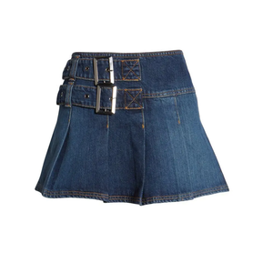 Mini-jupe en jean Y2K bleu foncé plissée avec ceinture à boucle, mélange de coton, asymétrique, style streetwear, qualité supérieure - Product Image 4