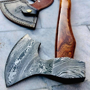 Custom Full Tang Damascus Steel Hunting Camping Bearded <b>Axe</b> Wood <b>Handle</b> Tomahawk Real Hatchet with Leather Sheath, Ideal Gift - Product Image 4