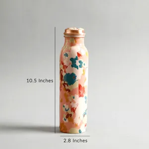 Botella de agua de cobre hecha a mano con estampado meena, diseño multicolor, base blanca, arte floral azul. - Product Image 4