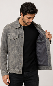 Men's <b>Suede</b> Leather <b>Jacket</b> Grey Trucker <b>Jacket</b> Button Front Casual Stylish Premium Outerwear Wholesale Windproof Heated - Product Image 4