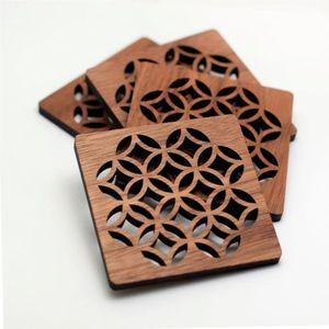 Posavasos Cuadrado Moderno de Madera, Grabado con Láser, de Madera de Nogal, Resistente al Calor, con Diseño Hueco, para Bar, Cafetería, Restaurante - Product Image 1