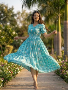 Cotton Kurtis Checks Print Floral Maxi <b>Dress</b> - Product Image 2