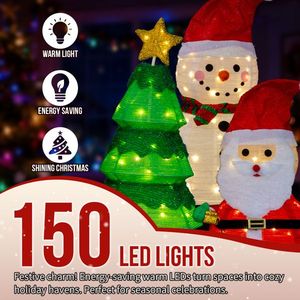 Set of 3 Pre-Lit Santa Snowman Christmas Tree Decorations 150 Warm White LED <b>Lighting</b> <b>Pull</b>-Up Holiday Decor - Product Image 4